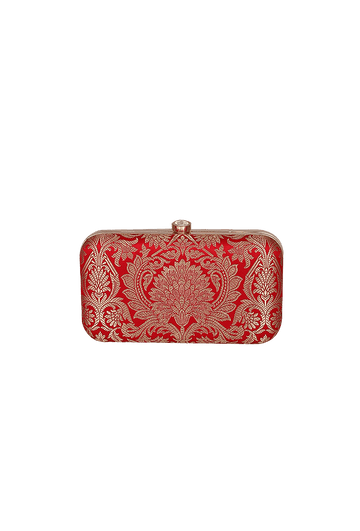 Scarlet Red Brocade Box Clutchwith Sling (8 X 2 X 4.5)